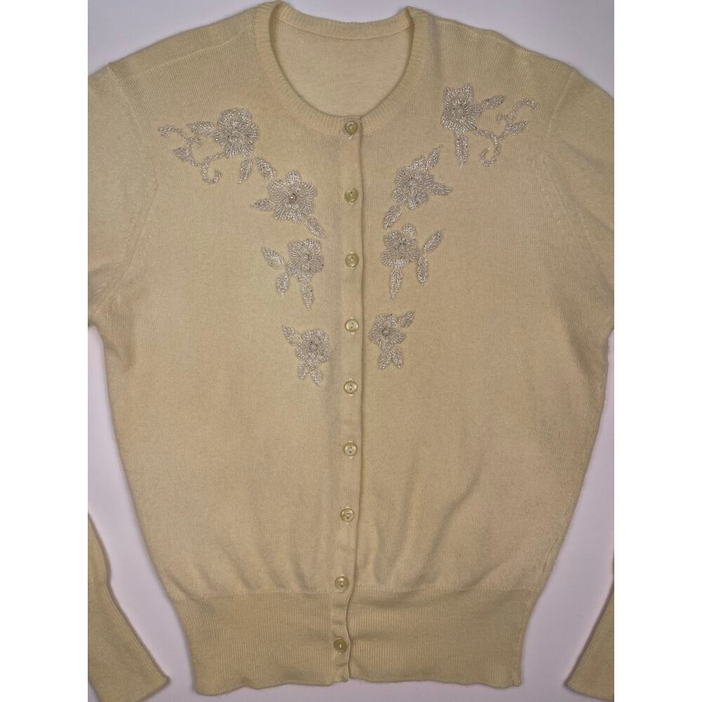 Cashmere Pringle of Scotland Cream Cardigan Beaded Floral Embellishments Sz S - Picture 6 of 11